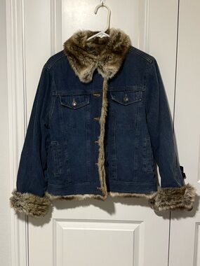 Fabio Blue Denim Faux Fur Lined Button Front Jacket Size Medium